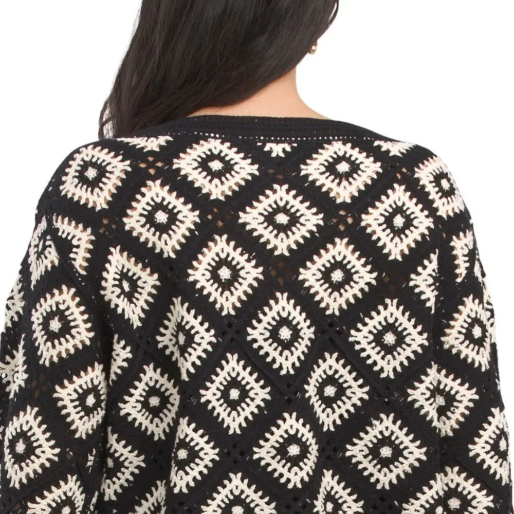 ELIE TAHARI XS S M Black Ivory Diamond Square Crochet Long Sleeve Top